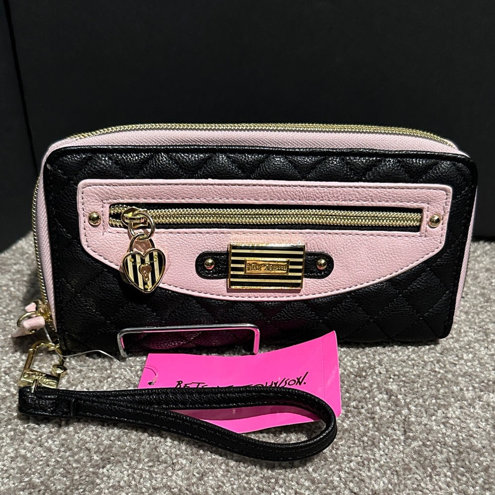 Betsey Johnson Black and Pink Quilted Wristlet